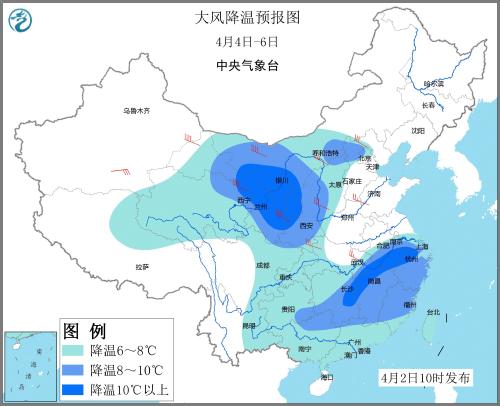 大风降温预报图(4月4日—6日)。图片来源：中央气象台